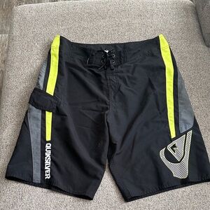 Quiksilver Black and Neon Green Board Shorts